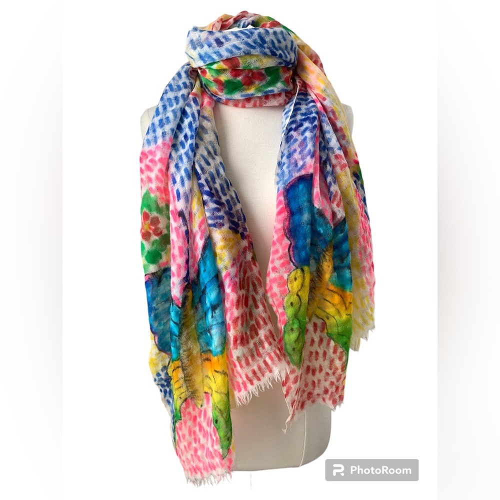 VISMAYA Wool Gauze Bright Scarf Wrap Shawl Bright Multicolor Butterfly Print 70”